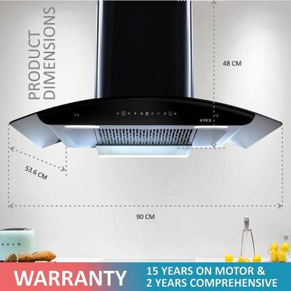 Elica WD TFL HAC 90 MS NERO Filterless Autoclean Kitchen Chimney (90 cm Wide, 1425 m3/hr)