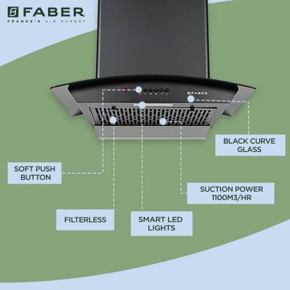 Faber HOOD ALPHA IN HC PB FL BK-60 Auto-Clean Curved Glass Kitchen Chimney (60 cm Wide, 1100 m3/hr)