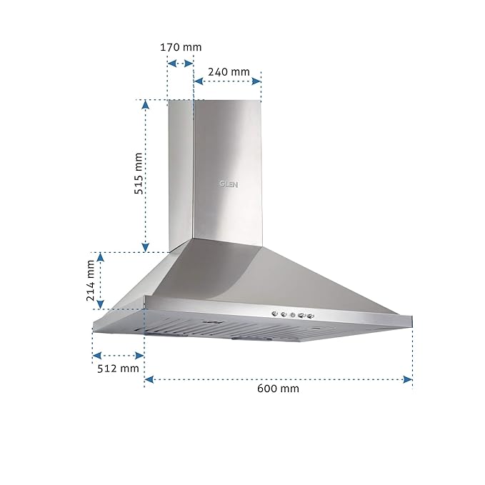 Glen Pyramid Chimney Baffle Filters Push buttons Aqua SS (60 cm Wide)