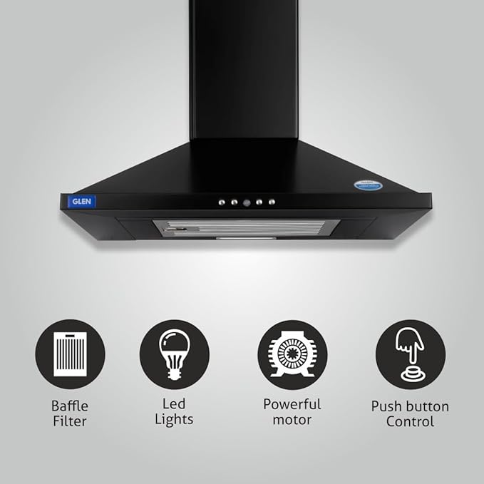 Glen Pyramid Wall Mounted Chimney Aqua Baffle Filters Push Button Control (1000 m3/hr)