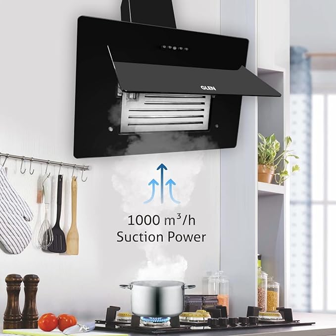 Glen 1000m3/hr Glass Vertical Kitchen Chimney Push Buttons Baffle Filter 6079 (1000 m3/hr)