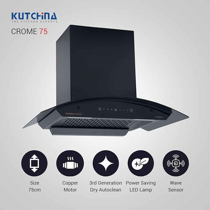 Kutchina CROME Filterless Auto Clean Wall Mounted Kitchen Chimney (60 cm Wide, 1350 m3/hr)
