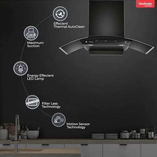 Hindware DIVINA 90 1200 CMH Filter-Less 3 Speed Gesture Control Auto Clean Wall Mounted Chimney