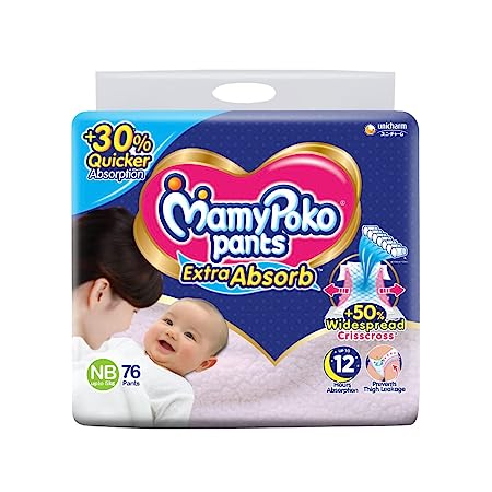 MamyPoko Pants Extra Absorb NB Unisex Baby, Pack of 76 (Upto 5 Kg)