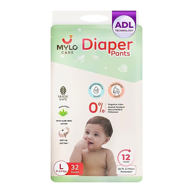 Mylo Care Baby Diaper Pants Large (L) 9-14 kgs with Aloe Vera Lotion (32 count)