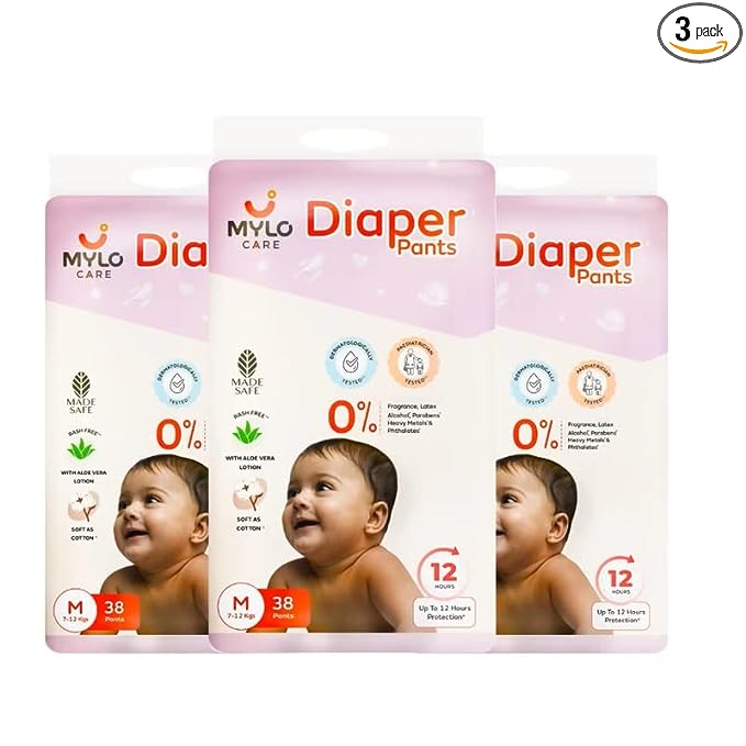 Mylo Care Baby Diaper Pants Medium (M) 7-12 kgs with Aloe Vera Lotion (114 count)