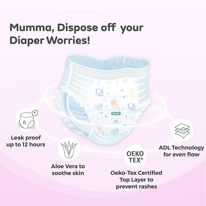 Mylo Care Baby Diaper Pants Medium (M) 7-12 kgs with Aloe Vera Lotion (114 count)