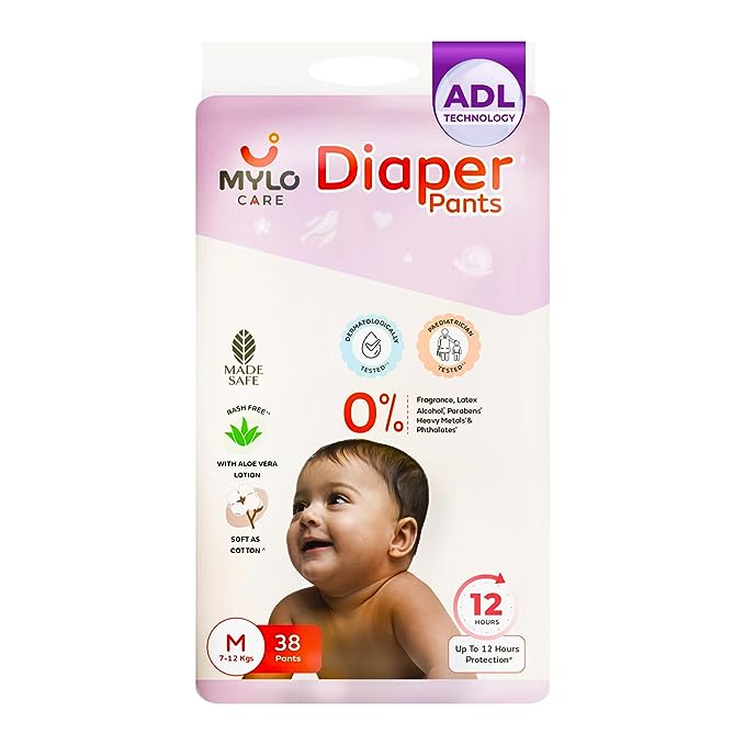 Mylo Care Baby Diaper Pants Medium (M) 7-12 kgs with Aloe Vera Lotion (38 count)