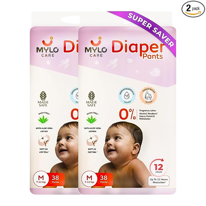 Mylo Care Baby Diaper Pants Medium (M) 7-12 kgs with Aloe Vera Lotion (76 count)