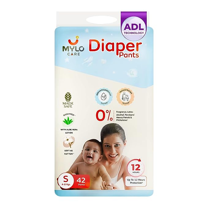 Mylo Care Baby Diaper Pants Small (S) 4-8 kgs with Aloe Vera Lotion (42 count)