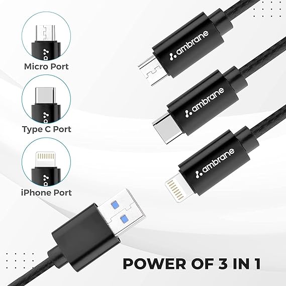 Ambrane Unbreakable 3 in 1 USB Fast Charging Multipurpose Cable