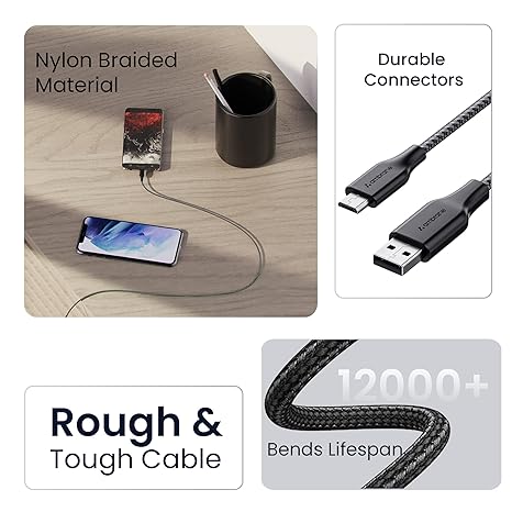 Ambrane Unbreakable Braided Micro USB Cable | 60W 3A Fast Charging