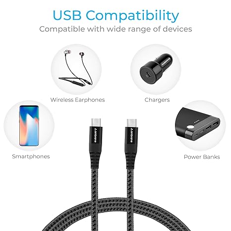 Ambrane Unbreakable Fast Charging 15m Braided Type C to Type C Cable