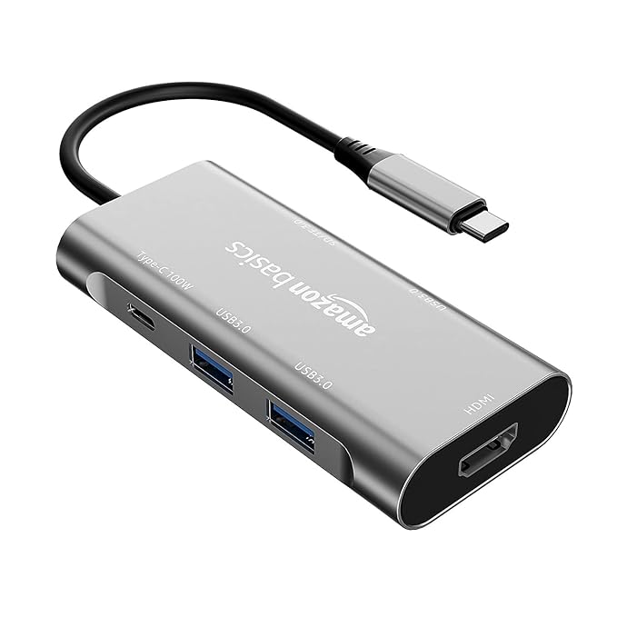 Amazon Basics Usb-C Hub Dock 7-In-1 With 4K 30Hz Hdcp Compliant | Aluminium Type C Adapter With 4K Hdmi Port | Usb 3.0 Port | Grey