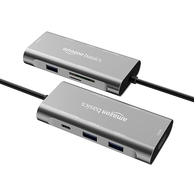 Amazon Basics Usb-C Hub Dock 7-In-1 With 4K 30Hz Hdcp Compliant | Aluminium Type C Adapter With 4K Hdmi Port | Usb 3.0 Port | Grey