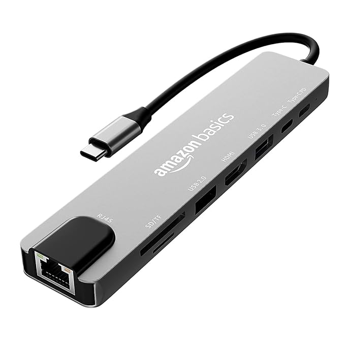 Amazon Basics Usb-C Hub Dock 8-In-1 Hdcp Aluminium Type-C Adapter With 4K Hdmi Port | Ethernet 100Mbps Port | Usb 3.0 Port | Grey