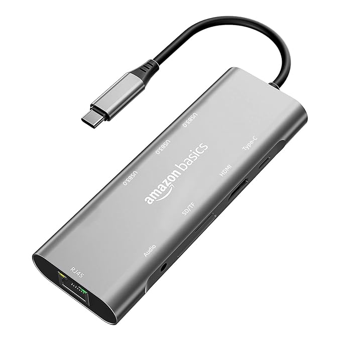 Amazon Basics Usb-C Hub Dock 9-In-1 Aluminium Type-C Adapter With 4K Hdmi | Ethernet 1000Mbps Port | 3 Usb 3.0 | Grey