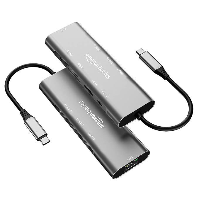 Amazon Basics Usb-C Hub Dock 9-In-1 Aluminium Type-C Adapter With 4K Hdmi | Ethernet 1000Mbps Port | 3 Usb 3.0 | Grey
