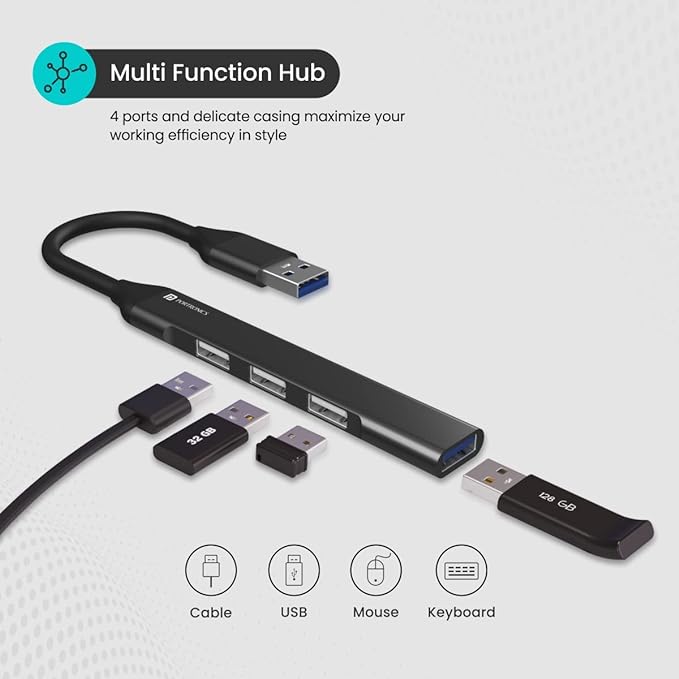 Portronics Mport 31 Usb Hub (4-In-1 | Multiport Adapter With 1 X Usb 3.0 &3 X Usb 2.0 Ports | Up To 5 Gbps High Speed Data Transfer For Laptop/Pc | Grey