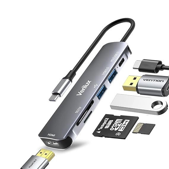 Verilux Usb C Hub | 6 In 1 Aluminum Multiport Adapter With 4K@30Hz Hdmi | Pd 87W&Usb C Data Transfer | Usb 3.0/2.0 Port | Grey
