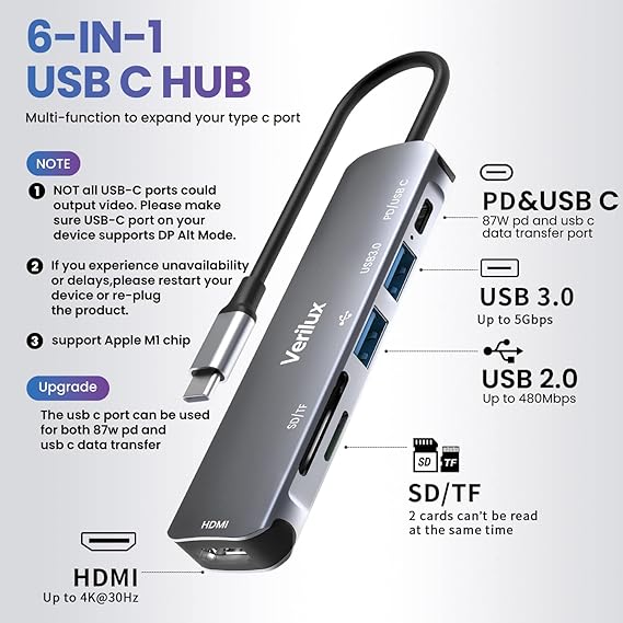 Verilux Usb C Hub | 6 In 1 Aluminum Multiport Adapter With 4K@30Hz Hdmi | Pd 87W&Usb C Data Transfer | Usb 3.0/2.0 Port | Grey