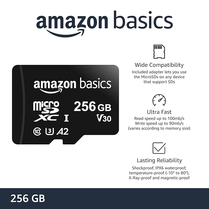 Amazon Basics 256Gb Microsdxc Memory Card with Full Size Adapter