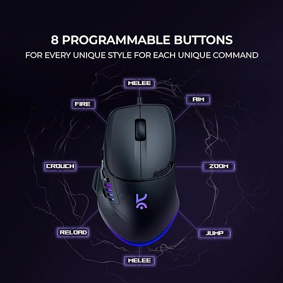 Kreo Hawk Gaming Mouse with Programmable Buttons & RGB Lighting Top Pixart Sensor