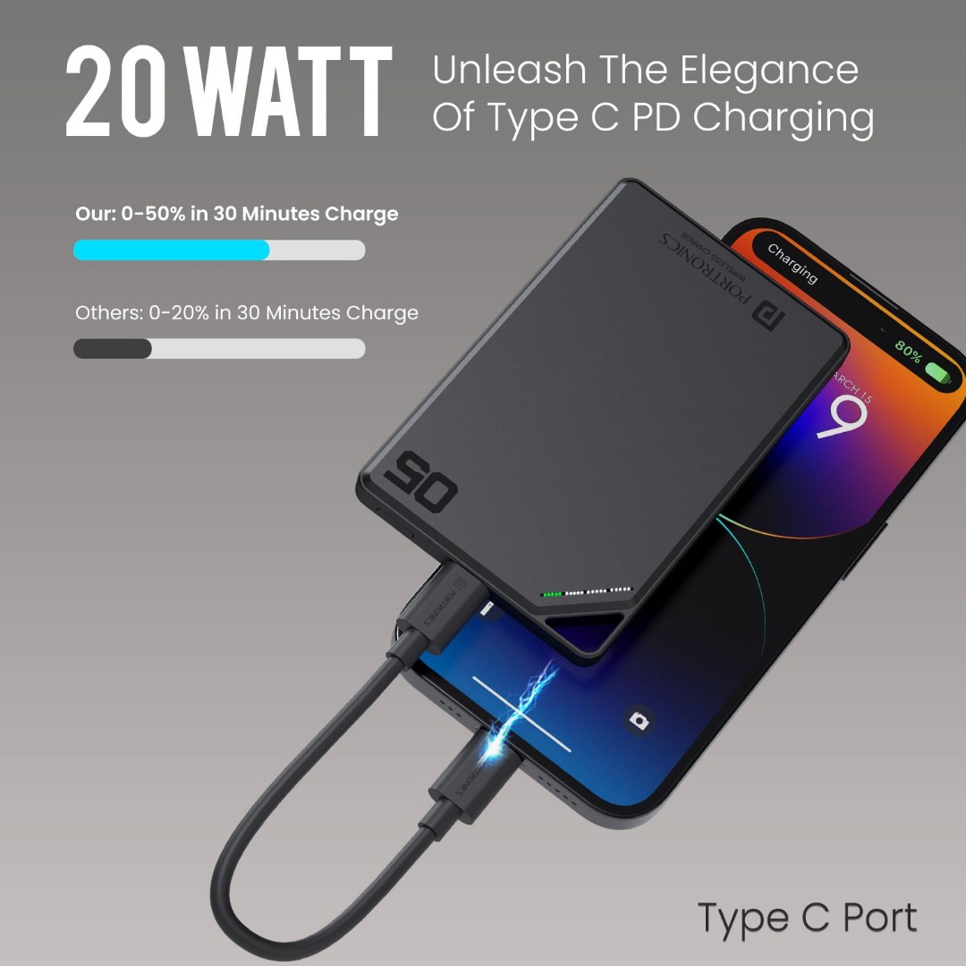 Portronics 5000 mAh 20 W Wired & Wireless Compact Pocket Size Power Bank