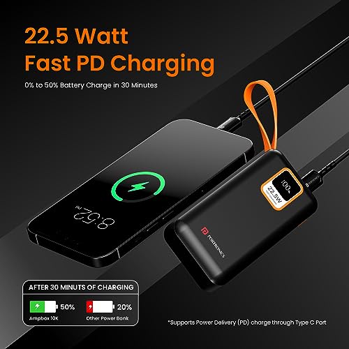 Portronics Ampbox 10K 10000 mAh Nano Power Bank with 22.5W Fast Charging, Digital Display, Dual Output(Type C PD + USB), Type C Input, Wake Up Button(Black)