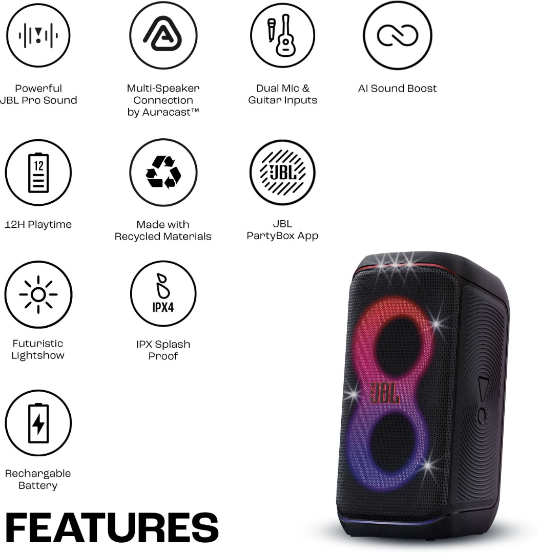 JBL Partybox 120, AI Sound Boost, Futuristic Light Show, Upto 12Hrs Playtime Party