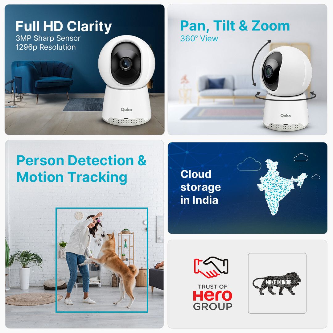 Qubo Smart Cam 360 Q100 by HERO GROUP 3MP 1296p WiFi CCTV 2 Way Talk Night Vision Security Camera