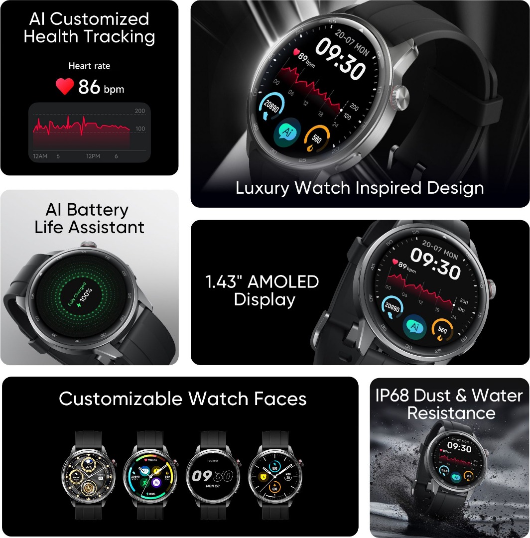 Realme | 1.43" AMOLED Display | Super AI Engine | 20-Day Battery Life | Watch S2 Smartwatch with BT Calling, IP68 Resistance & Health Tracking