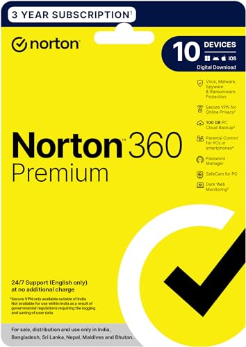 Norton 360 Premium |10 Users 3 Years|Total Security for PC, Mac, Android or iOS|Additionally Includes Dark Web Monitoring, Password Manager,PC Cloud B
