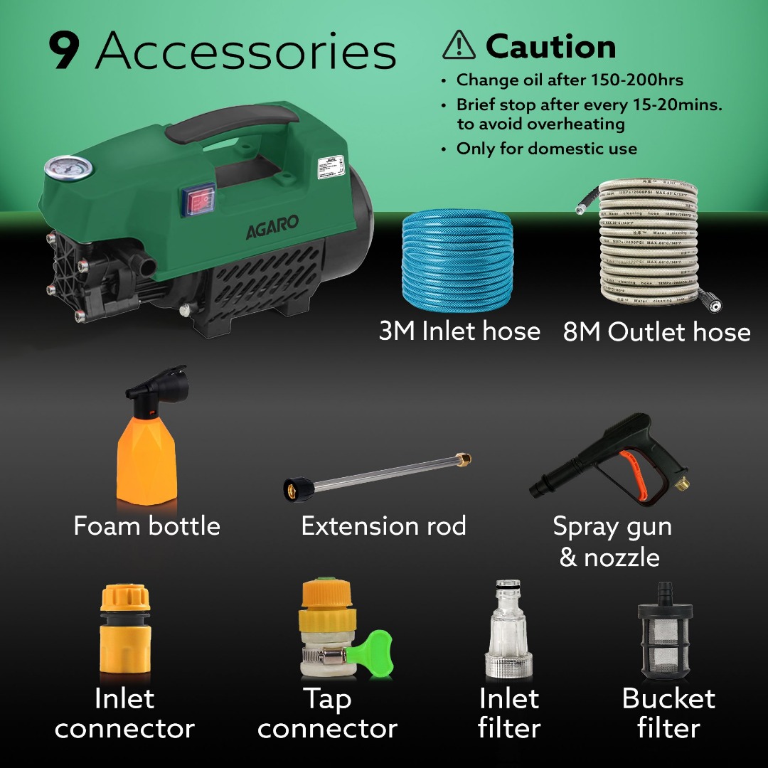 AGARO Supreme High, 1800 Watts, 120 Bars, 8 Meters Outlet Hose, Pressure Washer
