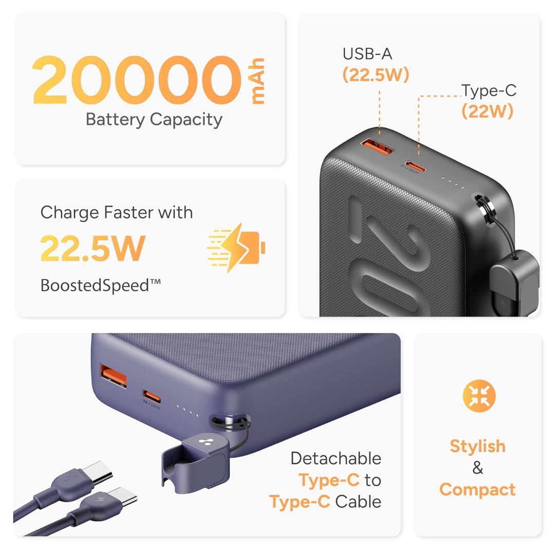 Ambrane 20000mAh Powerbank with in-Build Type C Cable, 22.5W Fast Charging, USB & Type C Output, Power Delivery, Quick Charge for iPhone, Android Mobile & Tablets, Earbuds, (Stylo N20, Black)