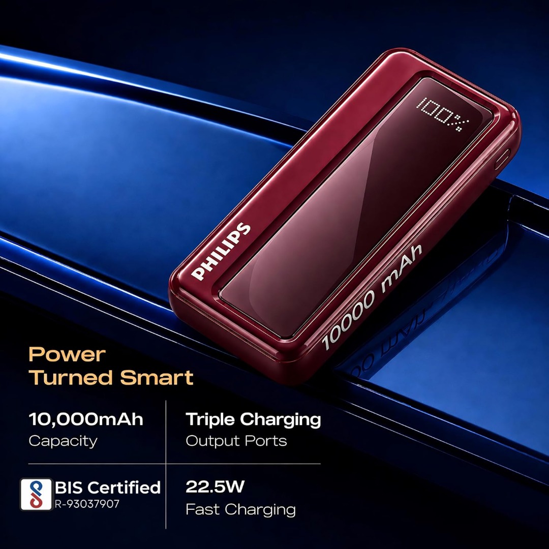 Philips 10000mAh 22.5W Fast Charging Power Bank (Iron Red) with Digital LED Display | Type-C & USB-A Input/Output | 3 Output Ports | Lithium Polymer Battery | Portable for Mobile, Tablet & Earbuds