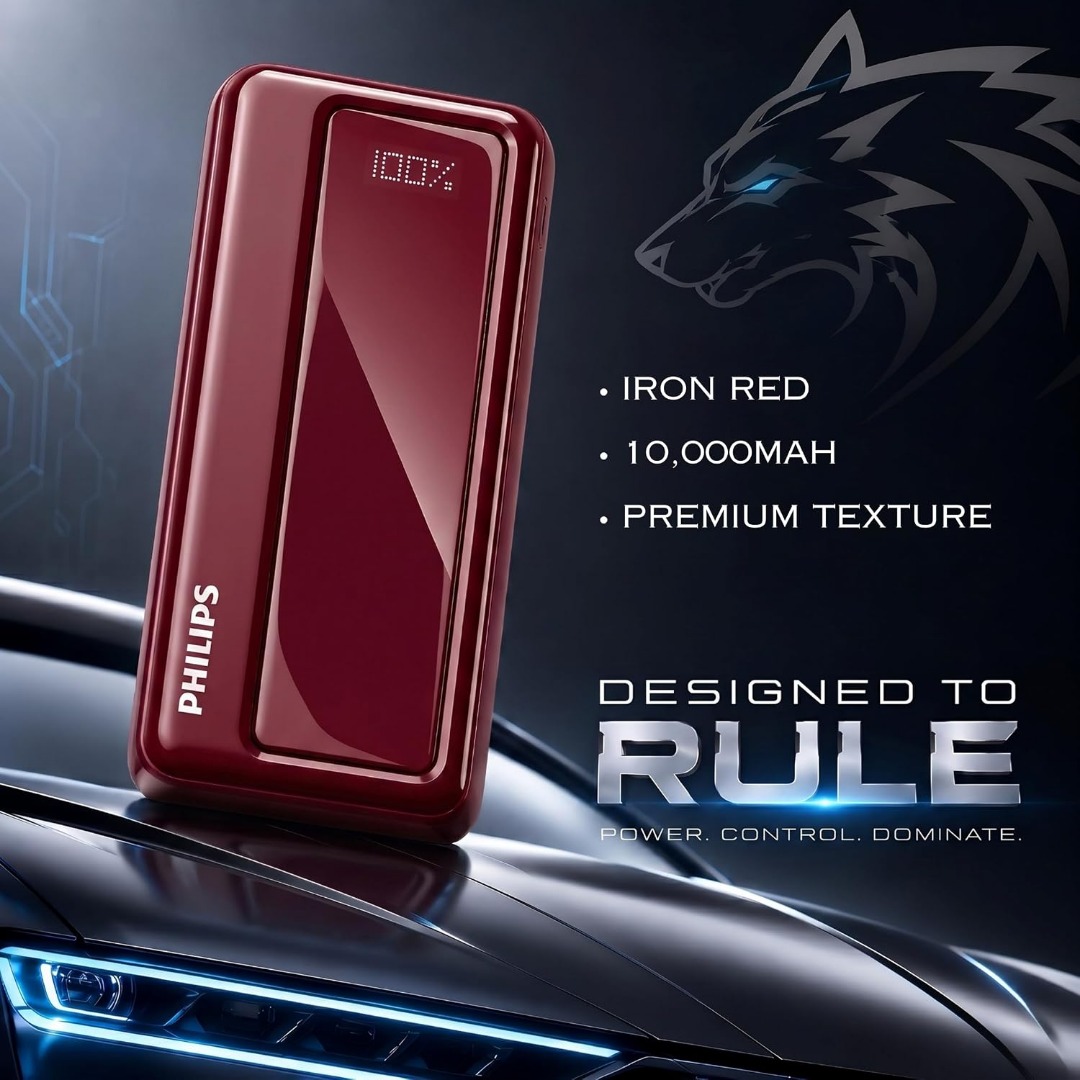 Philips 10000mAh 22.5W Fast Charging Power Bank (Iron Red) with Digital LED Display | Type-C & USB-A Input/Output | 3 Output Ports | Lithium Polymer Battery | Portable for Mobile, Tablet & Earbuds