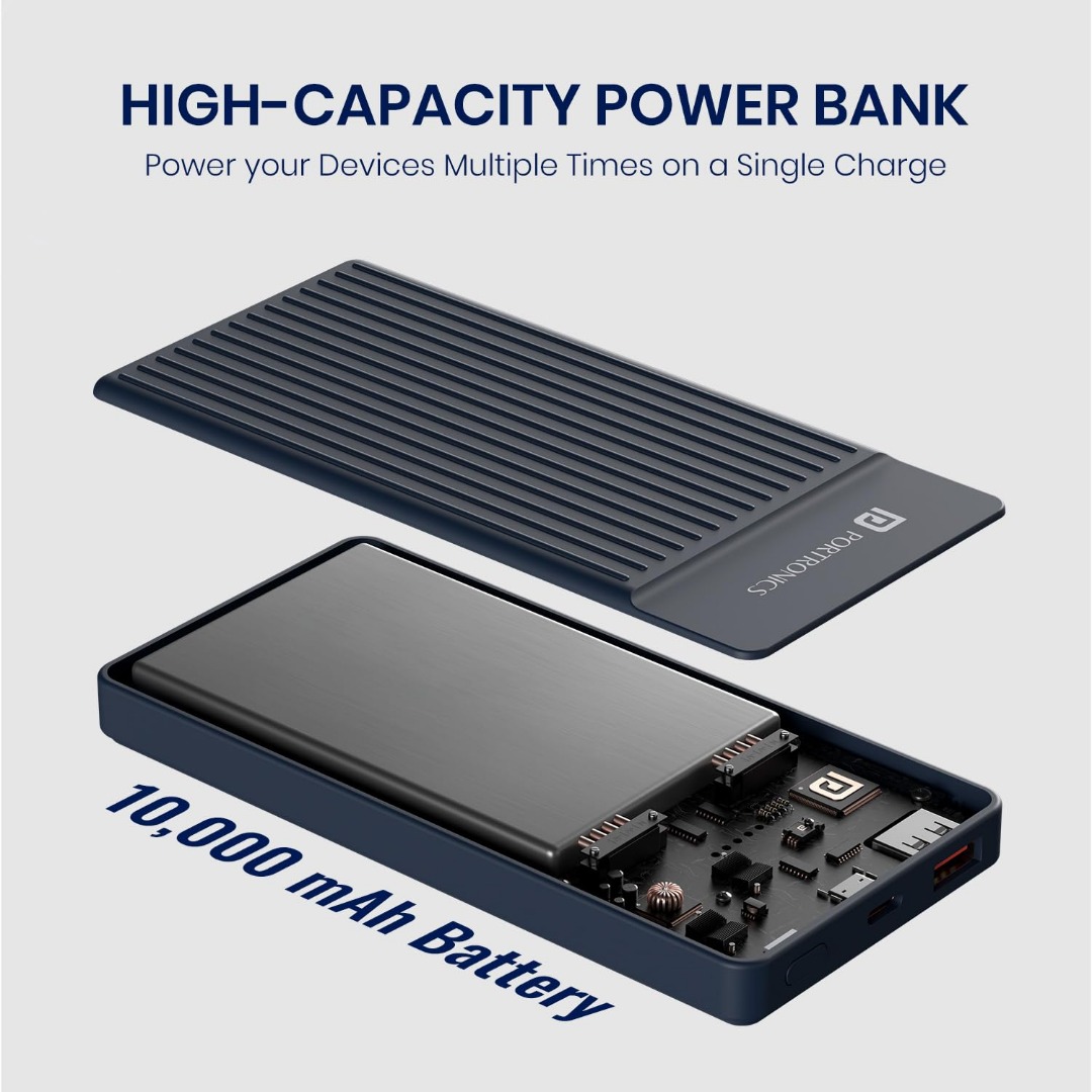 Portronics Luxcell B12 10,000mAh 12W Power Bank, Ultra Slim Power Bank with USB-A Output Port & Type C Input Port | BIS Certified | Type C Cable Included | Made in India (Dark Blue)