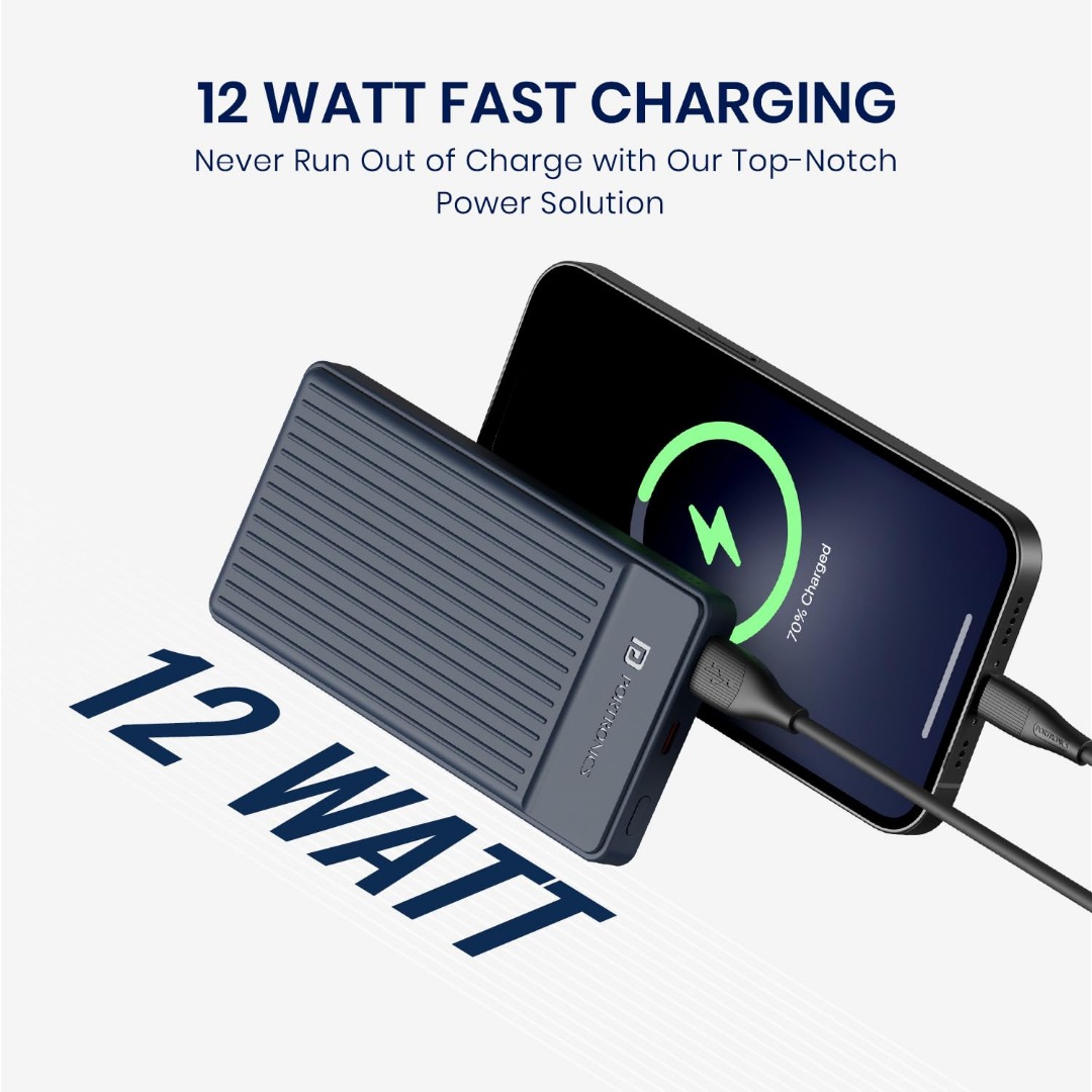 Portronics Luxcell B12 10,000mAh 12W Power Bank, Ultra Slim Power Bank with USB-A Output Port & Type C Input Port | BIS Certified | Type C Cable Included | Made in India (Dark Blue)