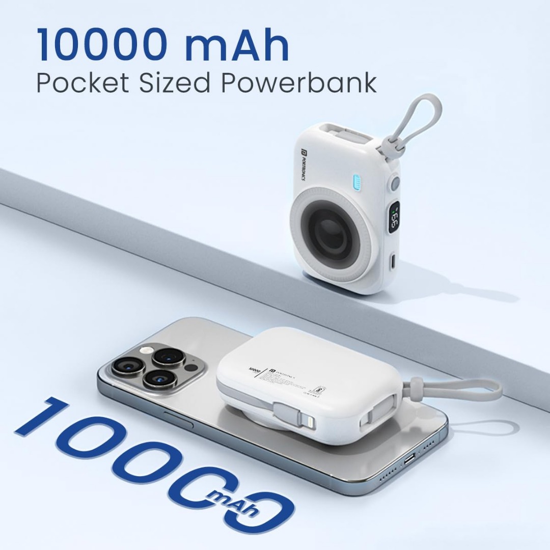Portronics Power Shutter 10000mAh 15W Magnetic Wireless Fast Charging Powerbank with in-Built Type C & 8 Pin Cable, 22.5W Type C PD Output, Type C Bidirectional Port, LED Display (White)