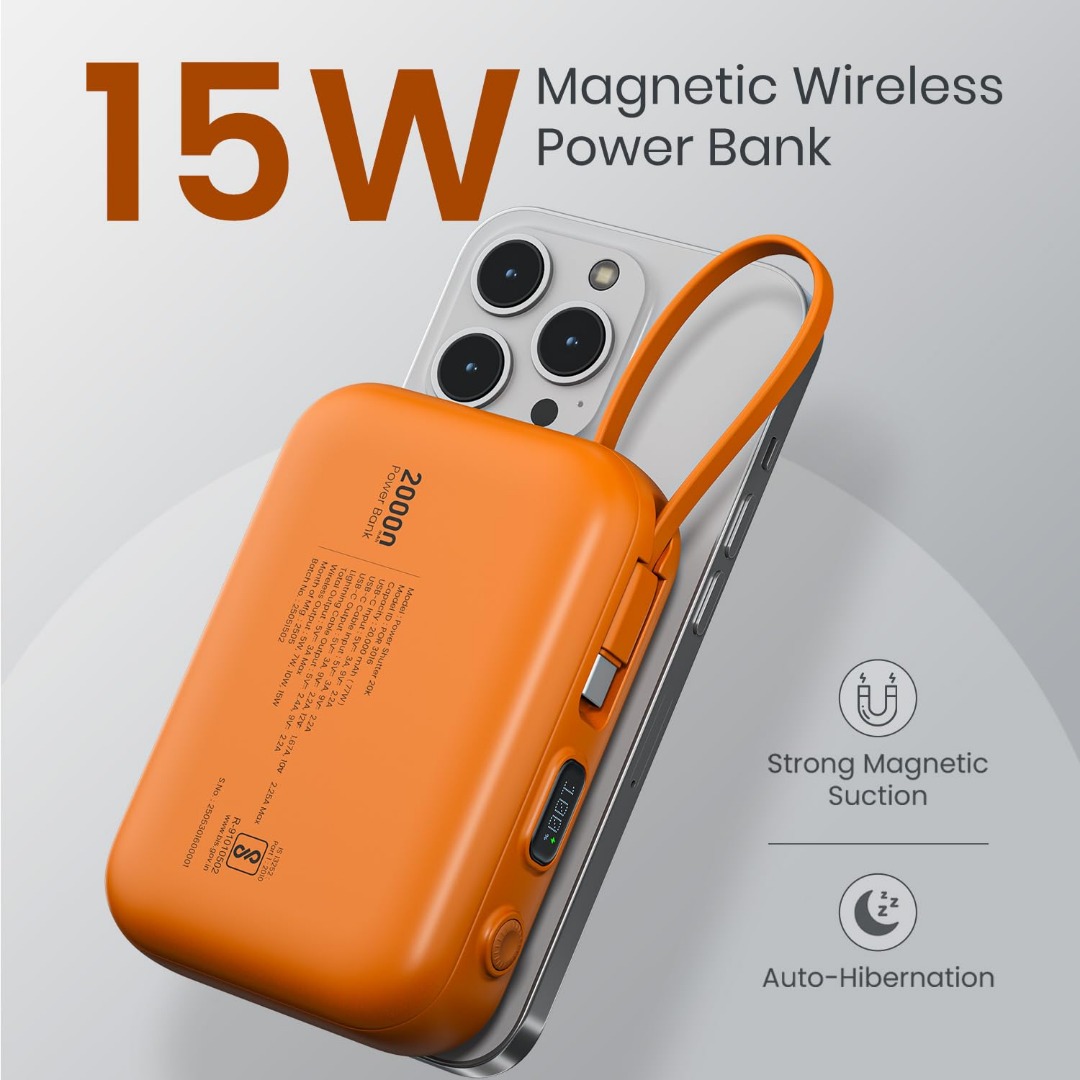 Portronics Power Shutter 20000mAh 15W Magnetic Wireless Fast Charging Powerbank with in-Built Type C & 8 Pin Cable, 22.5W Type C PD Output, Type C Bidirectional Port, LED Display (Orange)