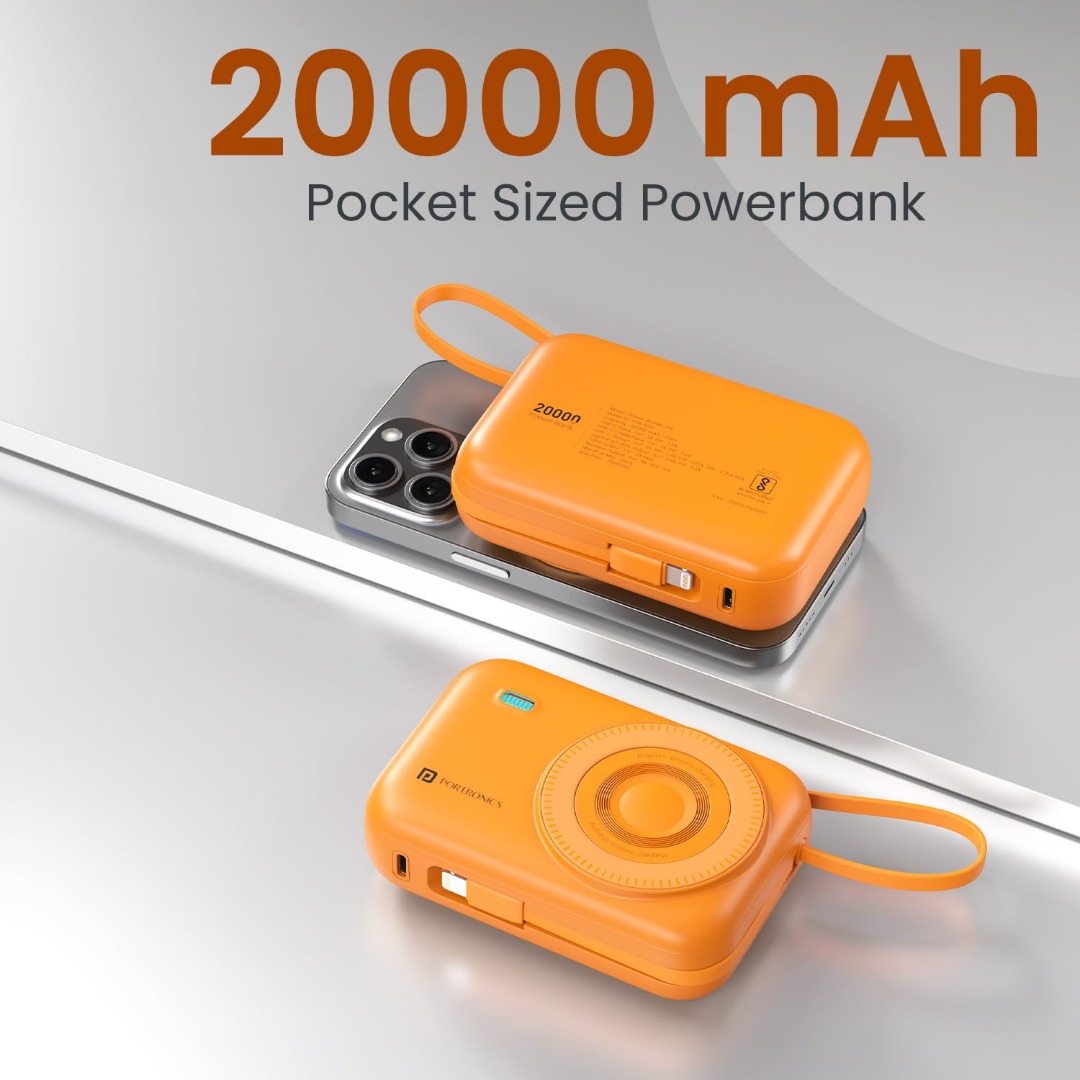Portronics Power Shutter 20000mAh 15W Magnetic Wireless Fast Charging Powerbank with in-Built Type C & 8 Pin Cable, 22.5W Type C PD Output, Type C Bidirectional Port, LED Display (Orange)