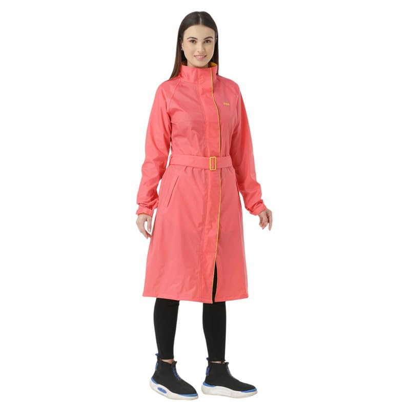 ZEEL Rain Coat for Women Waterproof High Neck Polyester Rainwear with Adjustable Drawstring and Pocket, Hooded Long Rain Coat Jacket with Belt
