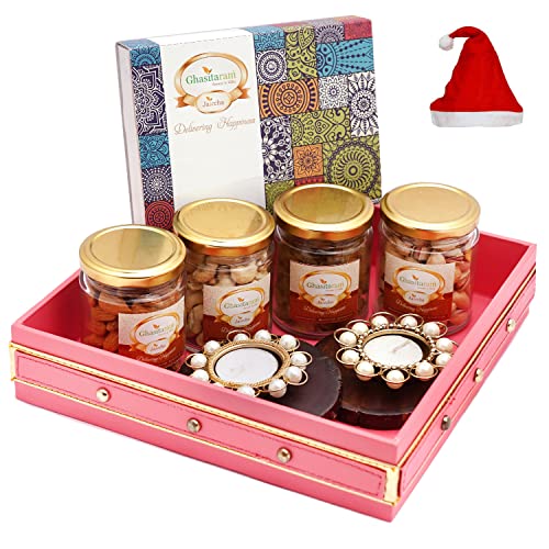 Ghasitaram Gifts Dryfruits-Pink Leather Basket Of Bites,4 Jars Of Dryfruits, Coasters And T-Lites Combo