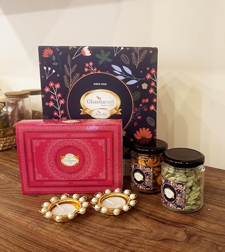Ghasitaram Gifts Hamper Box Of Best Bites,2 Jars Of Mixed Dryfruits, Flavour Raisins And T-Lights Combo