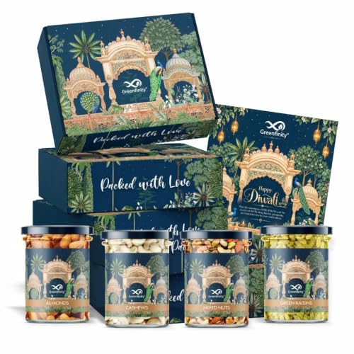 Greenfinity Diwali Special Dry Fruits Gift Hamper for Family & Loved Ones | Premium Diwali Gift Box with Diwali Greeting Card | Rajasthani Gift Box | Almonds, Cashews, Mixed Dry Fruits & Green Raisins (200g Each, 800g)