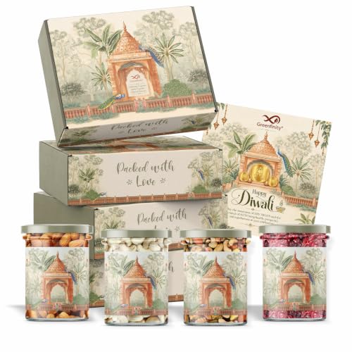 Greenfinity Luxury Diwali Dry Fruits Gift Hamper | Premium Assorted Almonds, Cashews & Cranberries | Elegant Rajasthani Gift Box with Diwali Greeting Card | Festive Gift for Family, Friends, Corporate Gifting & Loved Ones | 800g (200g x 4)