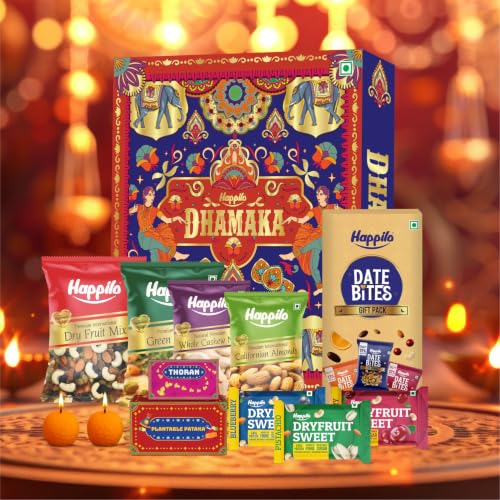 Happilo Premium Dhamaka Diwali Gift Box 11 Inclusions | Almonds | Raisins | Mixed Dry Fruits | Date Bites | Pistachios | Blueberry | Cranberry | Choco Nuts | Mithai Candles | Plantable Pataka & Toran | Diwali Gift Hamper