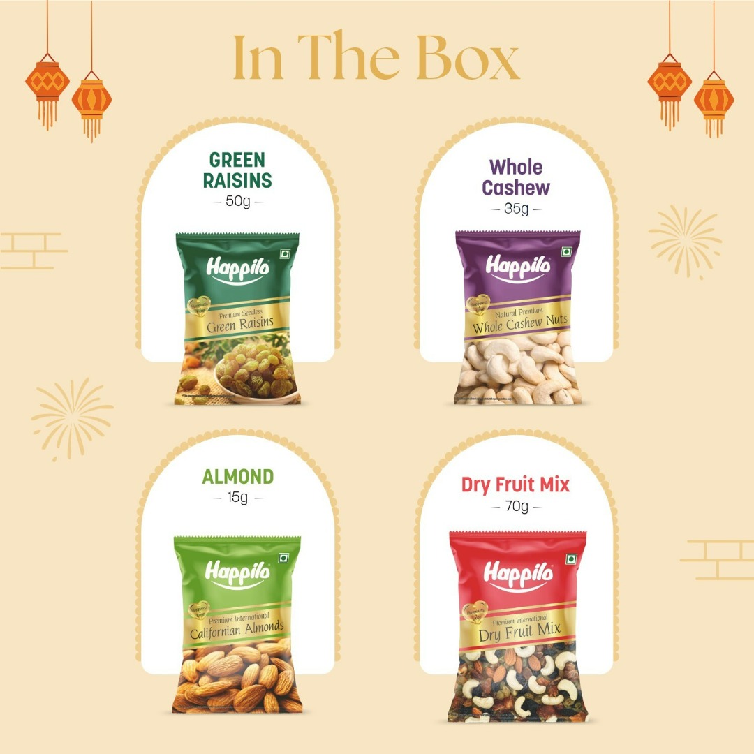 Happilo Premium Dhamaka Diwali Gift Box 11 Inclusions | Almonds | Raisins | Mixed Dry Fruits | Date Bites | Pistachios | Blueberry | Cranberry | Choco Nuts | Mithai Candles | Plantable Pataka & Toran | Diwali Gift Hamper