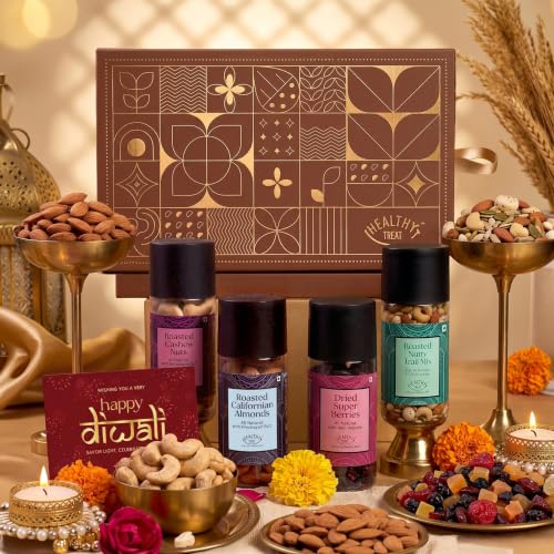 Healthy Treat Delight Diwali Gift Hamper | Roasted Dry fruits, Healthy Snacks & Berries Gift Box with Brass Diyas & Diwali Greeting Card